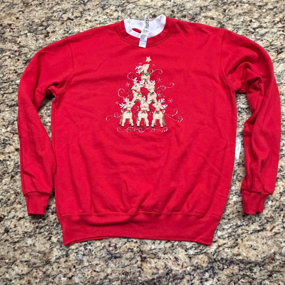Vintage Snowy River Reindeer Christmas Tree Sweatshirt Red Womens S Rhinestone